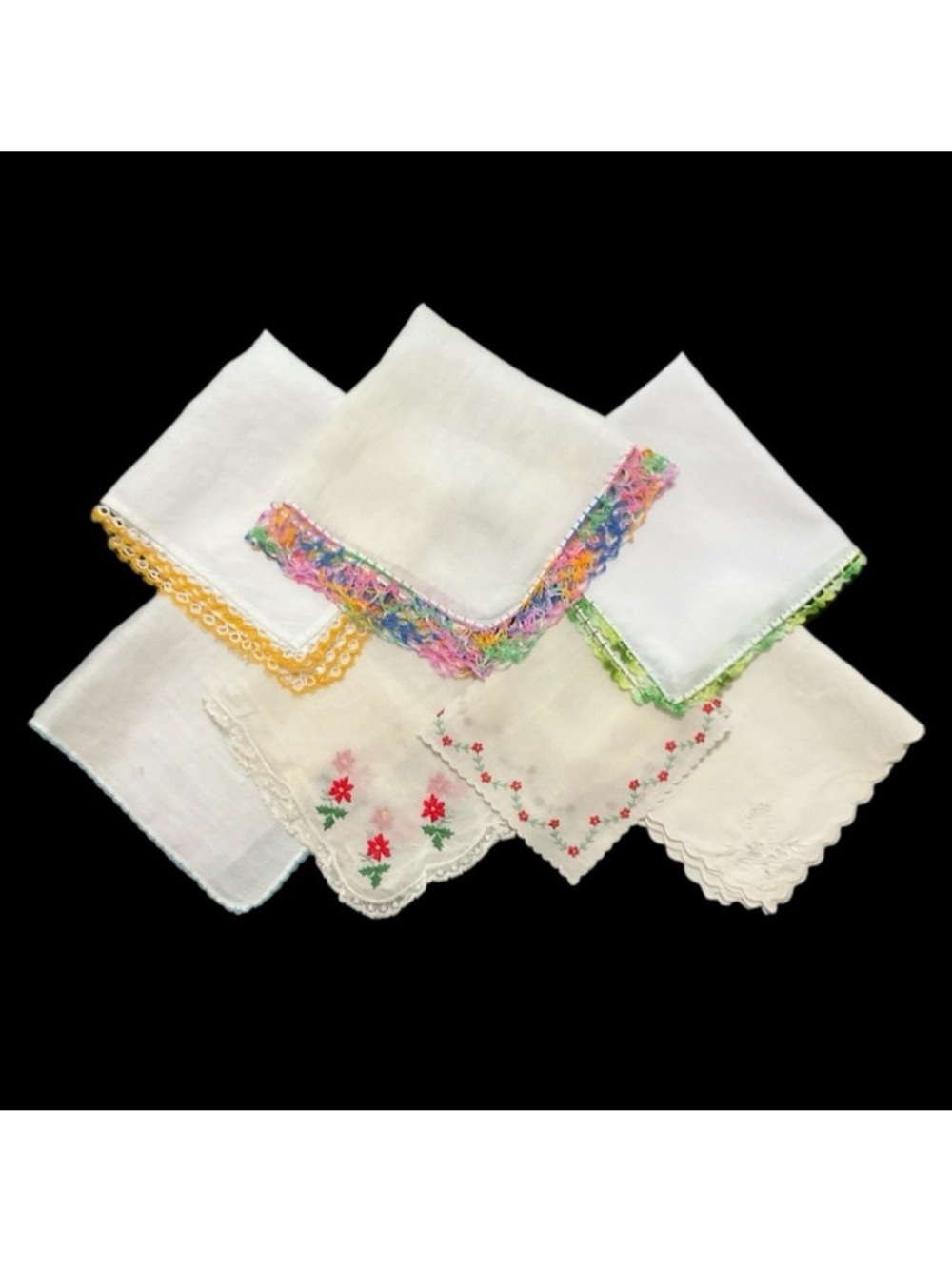 7 Vintage Handkerchiefs Embroidered - Crocheted